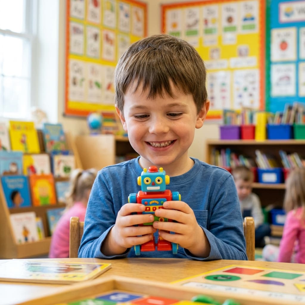Kid smiling with robot