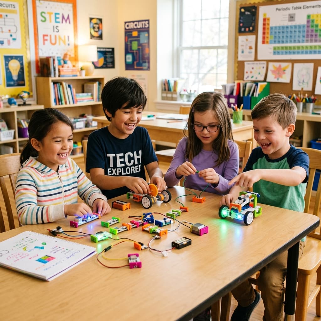 Kids building with electronic blocks